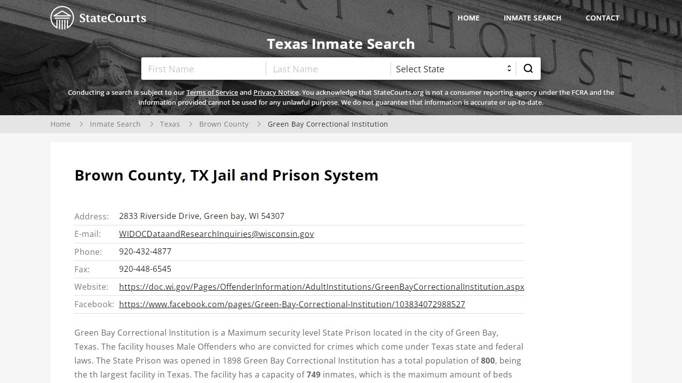 Green Bay Correctional Institution Inmate Records Search, Texas ...